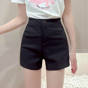 高腰單釦黑色短褲【9202】Sandy33實拍春夏新款韓系INS修身顯瘦氣質純欲熱褲三分褲彈力短褲 A字褲黑褲 闊腿褲