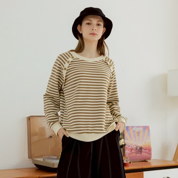 【CUMAR】雙排釦羅紋配色橫條紋上衣 黑 咖