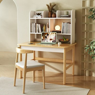 ??可開發票??免運 桌子 書桌 學習桌 長桌 辦公桌 奶油風實木書桌書架一體電腦桌家用辦公桌小戶型臥室寫字桌學習桌