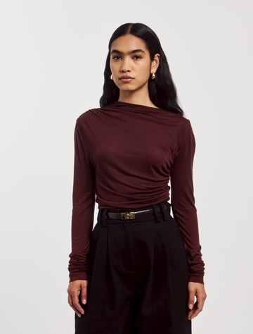 Iphis Draped Long Sleeve Top in Bordeaux - MicroModal Ninety Percent