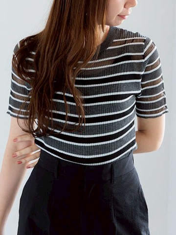 微辣透明感橫條紋針織短袖上衣(0F001030810) - Te chichi