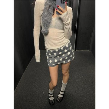 美式辣妹小眾極簡波點灰色短裙褲子春秋新款復古修身顯瘦半身裙女