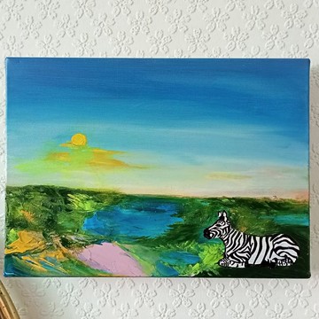 斑馬森林/帆布掛畫/100%原創手繪/野生斑馬觀日出景觀畫