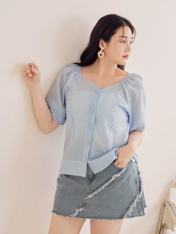 雲朵自訂款-小V臉．桃心領格紋拋袖上衣