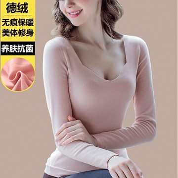 雙面德絨長袖T恤女秋冬季超低領發熱保暖內衣刷毛打底衫無痕磨毛 大尺碼打底內衣