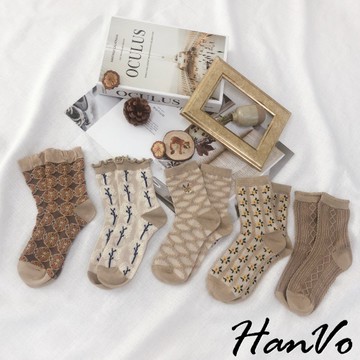 【HanVo】小鹿森林大地色系中筒襪 韓國潮流時尚休閒襪 韓系簡約百搭舒適棉質襪 女生配件 A12-6077