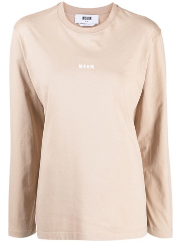 MSGM - logo-print long-sleeve T-shirt - women - Cotton - S - Neutrals