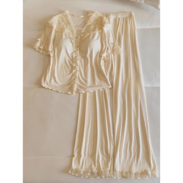 帶胸墊睡衣女夏季莫代爾棉短袖三兩件套薄款性感蕾絲高級感家居服