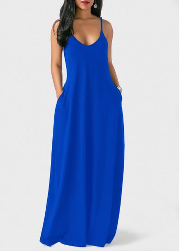Open Back Pocket Decorated Royal Blue Dress