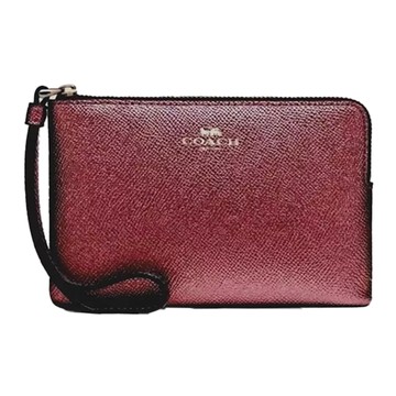 COACH - 素面金屬感皮革L型拉鍊手拿包 (金屬酒紅)