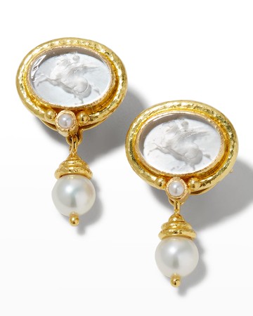 Pegasus Intaglio Clip/Post Earrings with Pearl Drop, White