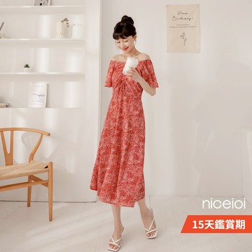 niceioi【特惠】荷葉邊洋裝 洋裝 碎花長洋 紅色 [嬌嫩碎花抓皺綁帶荷葉袖洋裝] 女裝 3W434003
