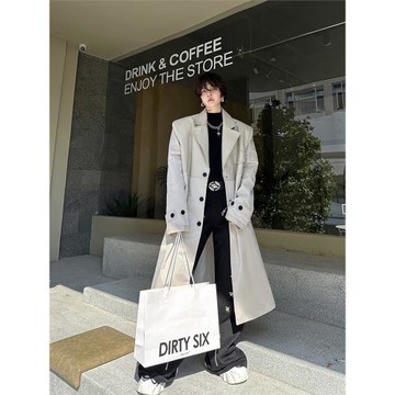 秋冬小眾解構PU皮拼接設計風衣男韓版單排扣長款過膝痞帥大衣外套