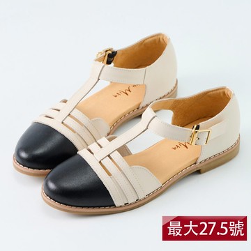 【大尺碼女鞋】窗格編織真皮瑪莉珍(優雅氣質/最大27.5)-米白X黑