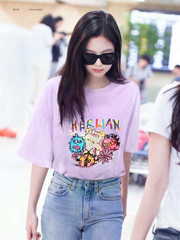 jennie Lisa同款短袖T恤女寬松2021夏新款圓領HERLIAN小怪獸印花