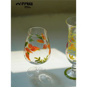 人間開花 原創復古手繪葡萄紅酒杯秋日感楓葉人工吹制玻璃酒杯