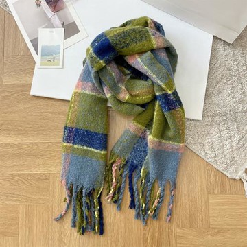 仿羊絨撞色格紋針織保暖大圍巾女秋冬季馬海毛高級感韓版披肩圍脖