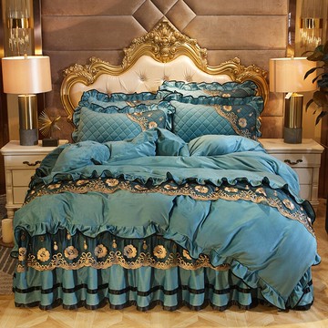 加厚水晶絨床裙四件套珊瑚絨夾棉法蘭絨保暖床上花邊被單 床套4件