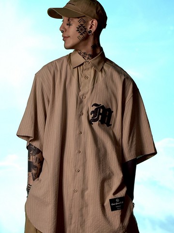 Unisex Logo Applique Linen Blended Baseball Shirt