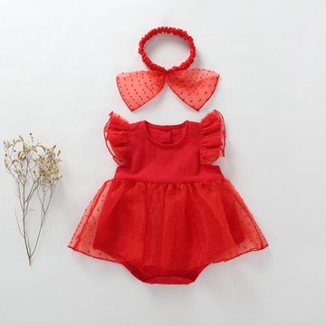 嬰兒衣服紅色夏季薄款裙子百歲新生百天女寶寶包屁衣抓周公主禮服