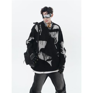 XPKAEAX原創潮牌小眾設計感圓領針織衫暗黑系痞帥炸街毛衣外套秋