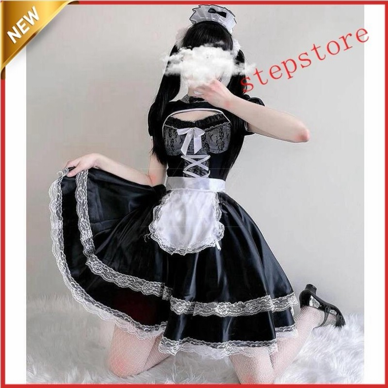 コスプレ メイド服 ハロウィン衣装 黒 白 ミニワンピース 胸元 穴開け エプロン レース リボン カチューシャ コスチューム 仮装 変装２枚 通販 Lineポイント最大get Lineショッピング