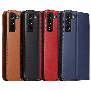 Fierre Shann 真皮紋 Samsung S22+ (6.6吋) 錢包支架款 磁吸側掀 手工皮套保護殼-黑色