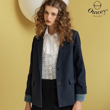 OUWEY歐薇 率性拼接牛仔西裝外套(深藍色；S-L)3233164732