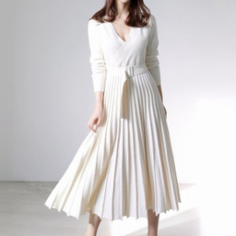 春新作 ニットワンピース ロング カシュクール プリーツ プリーツワンピース 長袖 ひざ下丈 ロング丈 ミモレ丈 冬 お呼ばれ オフィス Vネ 通販 Lineポイント最大1 0 Get Lineショッピング