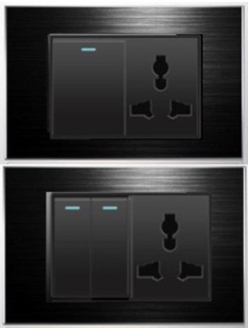 工業風金屬質感 黑鋁拉絲面板 可雙控 雙切一開/二開電源開關+萬用插座面板,單鍵/雙鍵+牆壁電源開關,Power Switch,牆壁開關面板電燈開關,鋼架