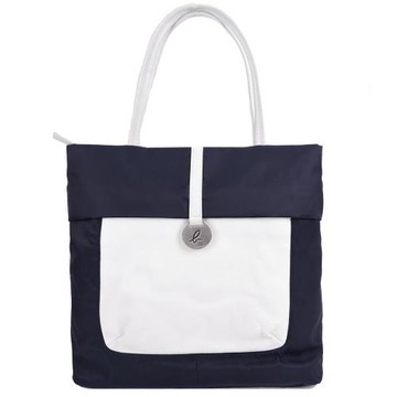 agnes b.圓牌翻扣皮革拼接尼龍肩背包(深藍)