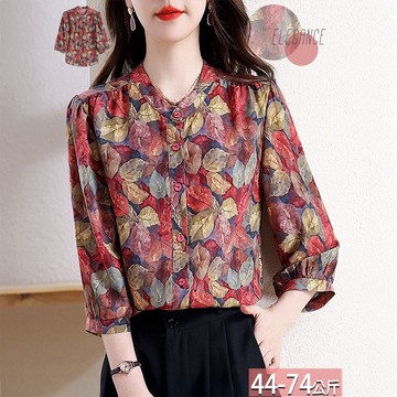 圓領滿版彩色樹葉印花七分袖襯衫 M-3XL【645623X】【現+預】☆流行前線☆