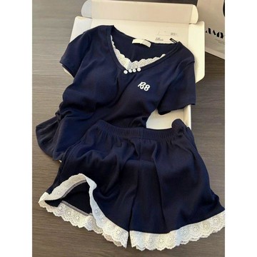 ♡ 𝑪𝒉𝒊𝒄 𝒖 ♡帶胸墊蕾絲花邊睡衣女藏青色短袖短褲夏季顯瘦可外穿家居服套裝