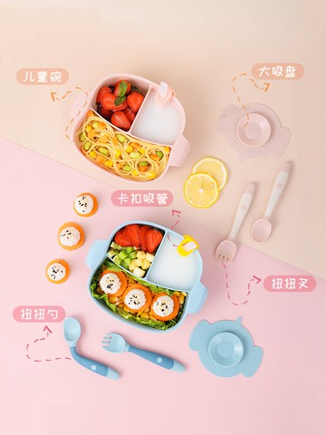 寶寶餐盤吸盤式分三格卡通可愛兒童學吃飯輔食碗防摔叉勺餐具套.