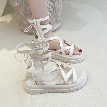 厚底涼鞋女夏季新款交叉綁帶設計鏤空露趾休閑百搭高幫羅馬鞋