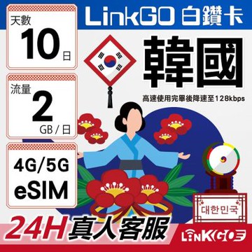 LinkGO白鑽卡 韓國 eSIM卡 10天上網每日2GB 高速流量(韓國網卡 首爾 釜山 濟州島)
