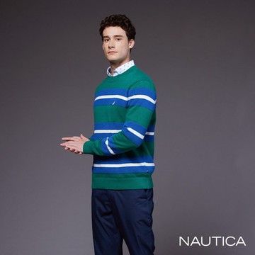 Nautica男裝 純棉跳色條紋長袖針織衫-綠色