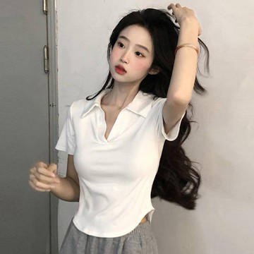 polo衫 輕熟風 小個子 顯瘦短款 T恤 女裝 夏季女裝 白色短袖 辣妹上衣 附發票 台灣出貨【AB51】