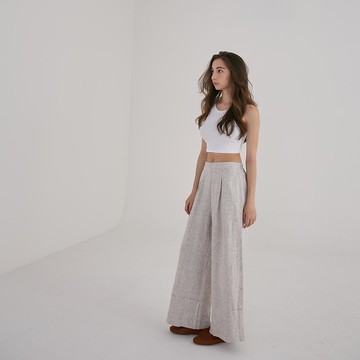 高腰壓褶寬褲 - 沙色