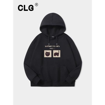 香港潮牌連帽衛衣男士秋冬加絨日系卡通貓咪印花運動情侶休閑外套