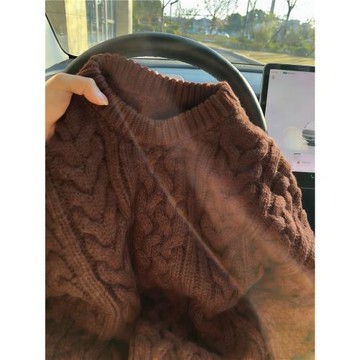 加厚版！慵懶風咖色麻花紋毛衣女冬季新款韓版寬松套頭針織衫上衣