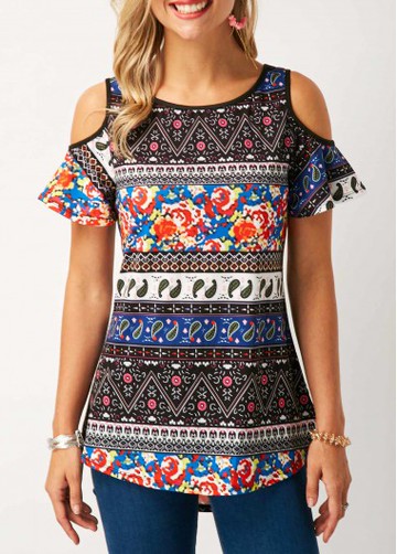 Curved Hem Printed Cold Shoulder T Shirt