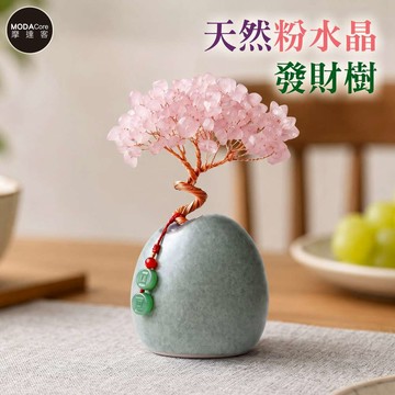 摩達客 天然粉水晶發財樹平安扣掛飾復古陶瓷底座 寓意溫柔好人緣 質感居家招福擺飾_廠商直送