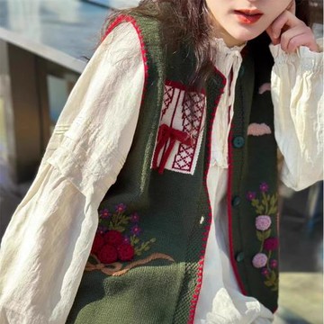 日系文藝復古繡花開衫無袖坎肩馬夾寬松手工繡花背心馬甲洋氣上衣