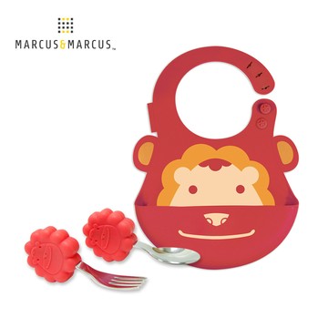 MARCUS＆MARCUS　大口吃飯學習餐具組(圍兜+握握叉匙) -紅獅子