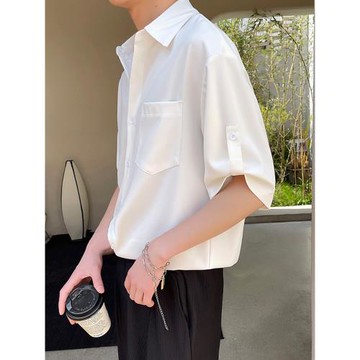 英倫雅痞男裝白色襯衫短袖男夏季潮牌輕熟風高級感冰絲七分袖襯衣