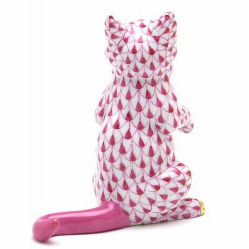 ヘレンド ねこ 置物 立っている猫 ピンクの鱗模様 手描き 磁器製 ネコ 