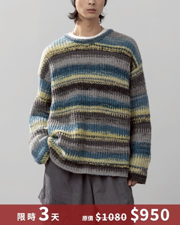 男裝 配色條紋休閒針織毛衣-灰綠 M/L