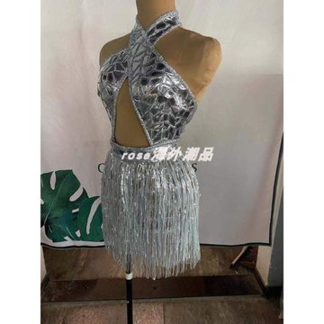銀色亮片性感迷你加大碼俱樂部裝奢華連衣裙舞臺表演服