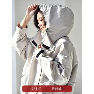 特●W1119C韓版文藝工裝風寬松大兜中長款連帽風衣外套秋米蘭宣言
